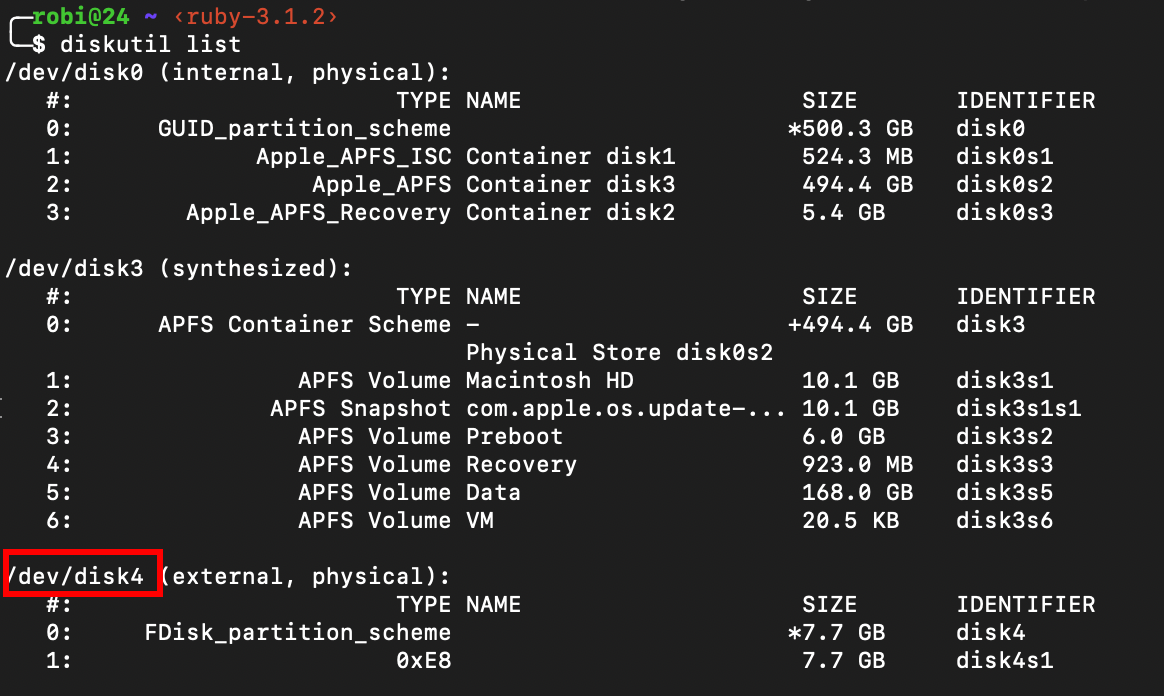 diskutil list command result